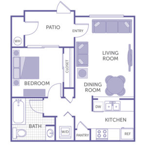 1 bed 1 bath, Kitchen and pantry, Dining room, Living room, Patio, washer and dryer, 1 closet